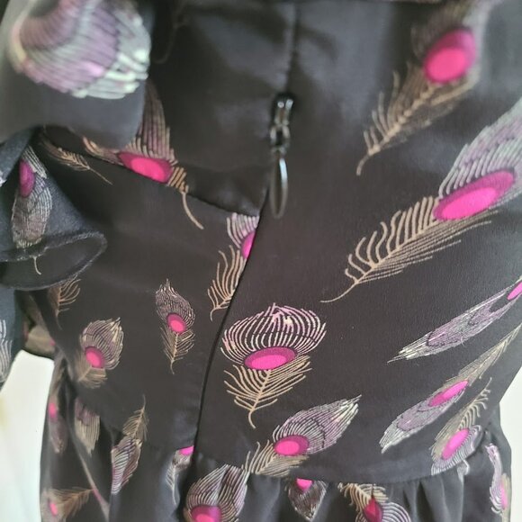 Vtg F21 Y2K Peplum Ruffle V-Neck Top Women's L Peacock Feather Black Peasant - Picture 13 of 13